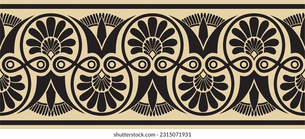 Vector golden and black seamless ornament of ancient Greece. Classic Endless pattern frame border Roman Empire.
