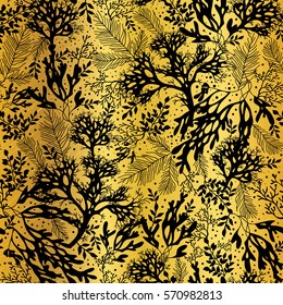 Vector Golden and Black Seaweed Texture Seamless Pattern Background. Great for elegant gray fabric, cards, wedding invitations, wallpaper.