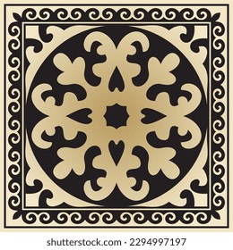 Vector golden with black Square Kazakh national ornament. Ethnic pattern of the peoples of the Great Steppe, Mongols, Kyrgyz, Kalmyks, Buryats.
