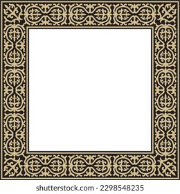 Vector golden with black Square Kazakh national ornament. Ethnic pattern of the peoples of the Great Steppe, 
Mongols, Kyrgyz, Kalmyks, Buryats. Square frame border.