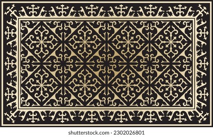 Vector golden with black Square Kazakh national ornament. Ethnic pattern of the peoples of the Great Steppe, Mongols, Kyrgyz, Kalmyks, Buryats.
