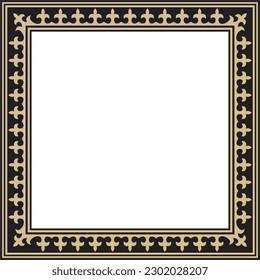 Vector golden with black Square Kazakh national ornament. Ethnic pattern of the peoples of the Great Steppe, 
Mongols, Kyrgyz, Kalmyks, Buryats. Square frame border.