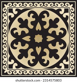 Vector golden with black Square Kazakh national ornament. Ethnic pattern of the peoples of the Great Steppe, Mongols, Kyrgyz, Kalmyks, Buryats.
