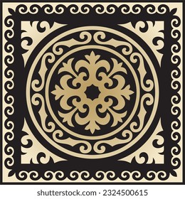 Vector golden with black Square Kazakh national ornament. Ethnic pattern of the peoples of the Great Steppe, Mongols, Kyrgyz, Kalmyks, Buryats.
