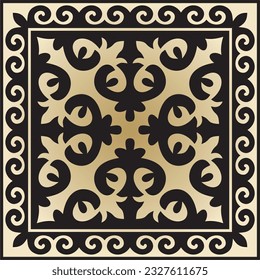 Vector golden with black Square Kazakh national ornament. Ethnic pattern of the peoples of the Great Steppe, 
Mongols, Kyrgyz, Kalmyks, Buryats.