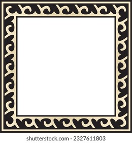 Vector golden with black Square Kazakh national ornament. Ethnic pattern of the peoples of the Great Steppe, 
Mongols, Kyrgyz, Kalmyks, Buryats. Square frame border.