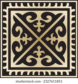 Vector golden with black Square Kazakh national ornament. Ethnic pattern of the peoples of the Great Steppe, 
Mongols, Kyrgyz, Kalmyks, Buryats.