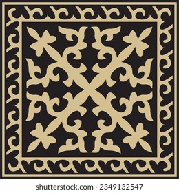 Vector golden with black Square Kazakh national ornament. Ethnic pattern of the peoples of the Great Steppe, 
Mongols, Kyrgyz, Kalmyks, Buryats.