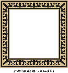 Vector golden with black Square Kazakh national ornament. Ethnic pattern of the peoples of the Great Steppe, Mongols, Kyrgyz, Kalmyks, Buryats. Square frame border.
