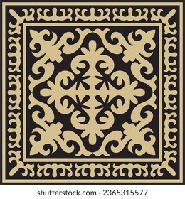 Vector golden with black Square Kazakh national ornament. Ethnic pattern of the peoples of the Great Steppe, 
Mongols, Kyrgyz, Kalmyks, Buryats.