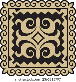 Vector golden with black Square Kazakh national ornament. Ethnic pattern of the peoples of the Great Steppe, Mongols, Kyrgyz, Kalmyks, Buryats.
