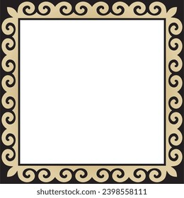 Vector golden with black Square Kazakh national ornament. Ethnic pattern of the peoples of the Great Steppe, Mongols, Kyrgyz, Kalmyks, Buryats. Square frame border.
