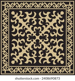 Vector golden with black Square Kazakh national ornament. Ethnic pattern of the peoples of the Great Steppe, 
Mongols, Kyrgyz, Kalmyks, Buryats.