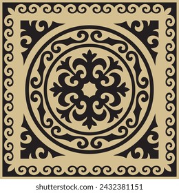 Vector golden with black Square Kazakh national ornament. Ethnic pattern of the peoples of the Great Steppe, Mongols, Kyrgyz, Kalmyks, Buryats.
