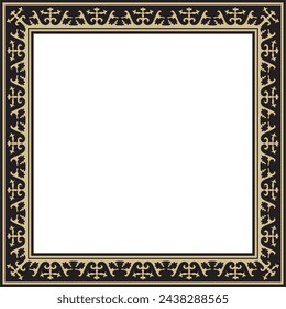 Vector golden with black Square Kazakh national ornament. Ethnic pattern of the peoples of the Great Steppe, Mongols, Kyrgyz, Kalmyks, Buryats. Square frame border.
