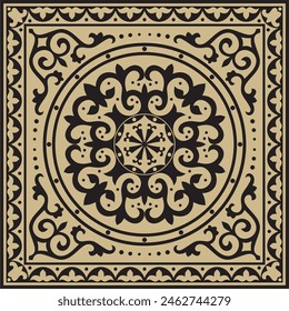 Vector golden with black Square Kazakh national ornament. Ethnic pattern of the peoples of the Great Steppe, 
Mongols, Kyrgyz, Kalmyks, Buryats.