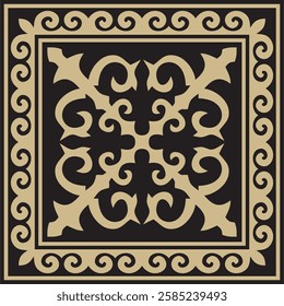 Vector golden with black Square Kazakh national ornament. Ethnic pattern of the peoples of the Great Steppe, 
Mongols, Kyrgyz, Kalmyks, Buryats.