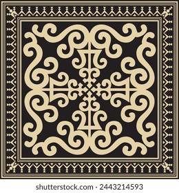 Vector golden and black square Yakut ornament. An endless rectangular border, a frame of the northern peoples of the Far East.