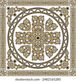 Vector golden and black square Yakut ornament. An endless rectangular border, a frame of the northern peoples of the Far East.