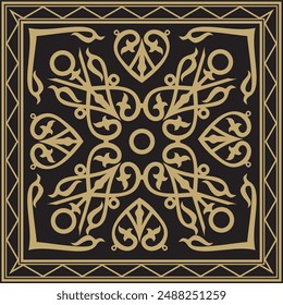 Vector golden and black square Yakut ornament. An endless rectangular border, a frame of the northern peoples of the Far East.