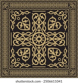 Vector golden and black square Yakut ornament. An endless rectangular border, a frame of the northern peoples of the Far East.