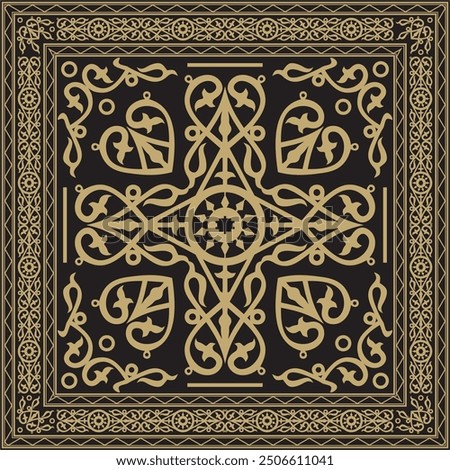 Vector golden and black square Yakut ornament. An endless rectangular border, a frame of the northern peoples of the Far East.