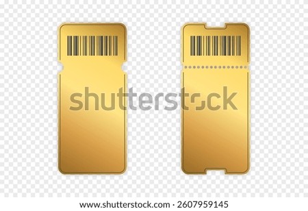 Vector golden blank tickets with barcode png. Cinema or theater ticket on isolated transparent background. Blank lottery ticket png. Premium ticket.