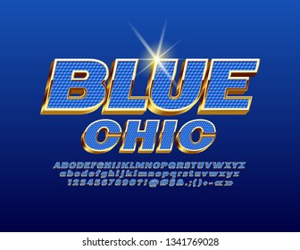 Letras, números y símbolos vectores de los alfabetos de oro y azul chic. Tipo de letra 3D de lujo