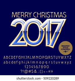 Vector golden and blue Merry Christmas 2017 greeting card with set of letters, symbols and numbers. File contains graphic styles