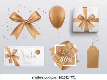 vector golden bow gift set with voucher balloon and a tag