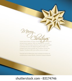 Vector golden bow on a ribbon with white and blue background -Christmas card