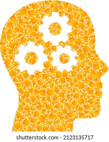 Icono de mosaico del cerebro dorado vectorial. Los engranajes cerebrales están aislados en un fondo blanco. Collage de objetos dorados basado en el icono de los engranajes cerebrales. La imagen icónica de los engranajes cerebrales está diseñada a partir de elementos amarillos.