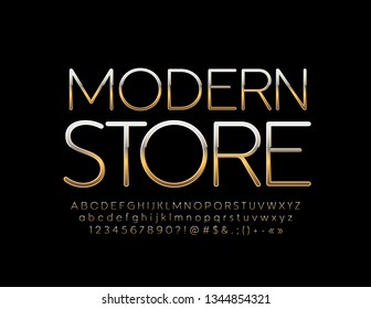 Vector Golden bright Font with emblem Modern Store. Luxury Alphabet Letters set.