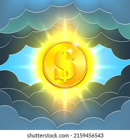 Vector golden brightly glowing radiant dollar coin in dark stylistic clouds svg