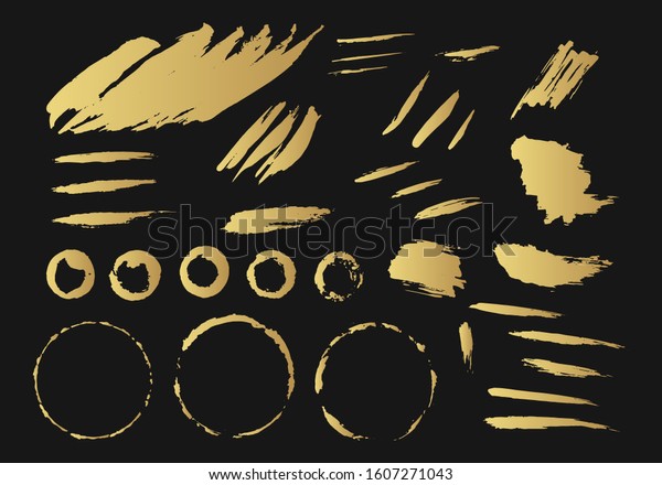 Vector golden brush\
stamps, torn borders. Grunge paint lines and circles. Distressed\
banner. Gold isolated paintbrush set. Chinese rough box shapes.\
Foil stencil dividers.