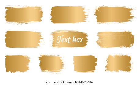 Vector golden brush stroke, banner, paint brush, line or texture. Dirty artistic design element, box, frame or background for text and information. 