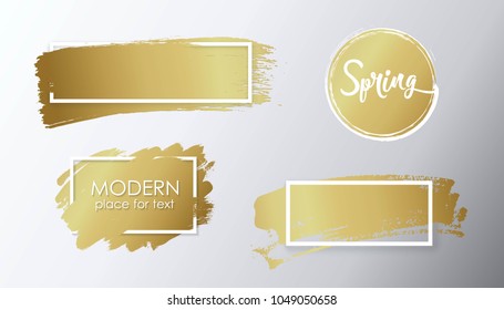 Vector golden brush stroke, brush, line or texture. Dirty artistic design element, box, frame or background for text. 