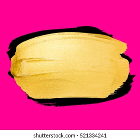 Vector golden brush stroke for you amazing design project. Watercolor texture paint stain isolated on pink. Abstract hand painted golden background for greeting, gift, wedding, birthday card.