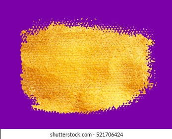 Vector golden brush stroke for you amazing design project. Watercolor texture paint stain isolated on violet. Abstract hand painted golden background for greeting, gift, wedding, birthday card.