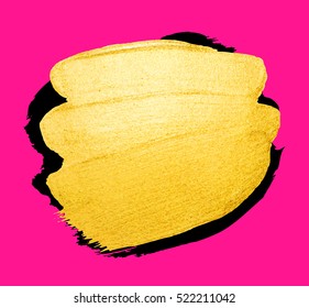 Vector golden brush stroke for you amazing design project. Watercolor texture paint stain isolated on pink. Abstract hand painted golden background for greeting, gift, wedding, birthday card.