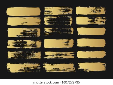 Vector golden brush strokes. Grunge paint stripes. Distressed japanese banner. Gold isolated paintbrush set. Chinese rough box shapes. Torn border.