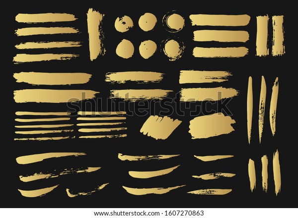 Vector golden brush strokes. Grunge paint\
stripes. Gold isolated paintbrush set. Chinese rough box shapes.\
Torn border. Distressed\
banner.