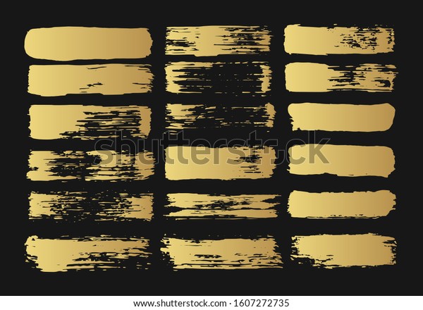 Vector golden brush strokes. Grunge paint\
stripes. Distressed japanese banner. Gold isolated paintbrush set.\
Chinese rough box shapes. Torn\
border.