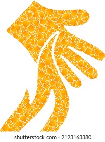 Icono de mosaico de la mano de quemadura dorada vectorial. La mano quemada está aislada en un fondo blanco. Mosaico de objetos dorados basado en el icono de la mano de quemado. La imagen icónica de la mano quemada mosaica se organiza a partir de partes amarillas.