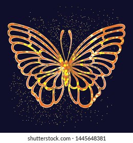 Vector golden butterfly with sparkles on a dark blue background.