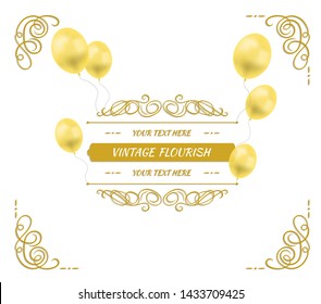 Vector Golden Calligraphic Frame Template with Balloons, Festive Background, Filigree Swirls with Shadow, Calligraphy Decorative Elements.