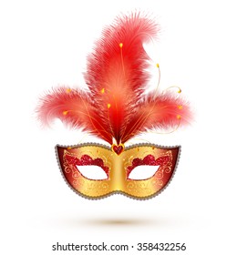 Vector golden carnival mask with red glitter decoration and realistic feathers