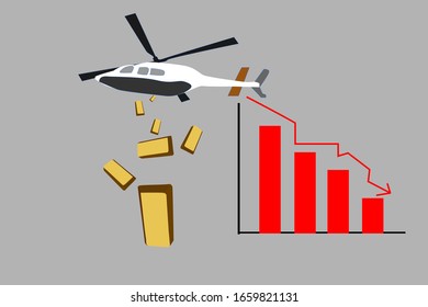 Vector golden cartoon image of a helicopter drop gold from the sky.Investment loss.