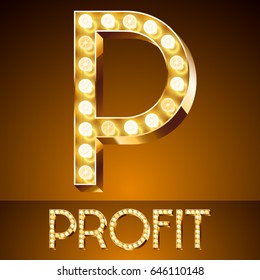 Vector golden casino lamp light modern font. Letter P
