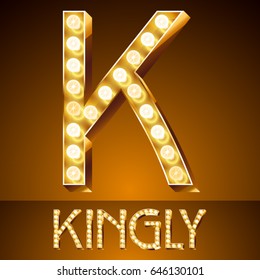 Vector golden casino lamp light modern font. Letter K